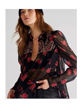 Free People Black Blouse with Red Floral Print and Beige Embroidery
